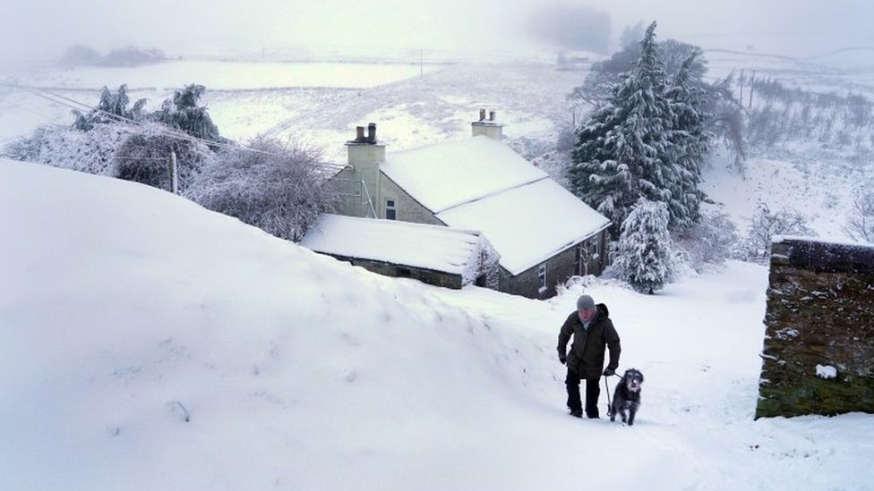 رجل يسير مع كلبه أثناء تساقط الثلوج بكثافة طوال الليل في كارشيلد في بينينز، بالقرب من هيكسهام ، نورثمبرلاند، في انجلترا