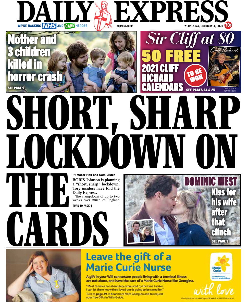 Daily Express front page 14/10/20