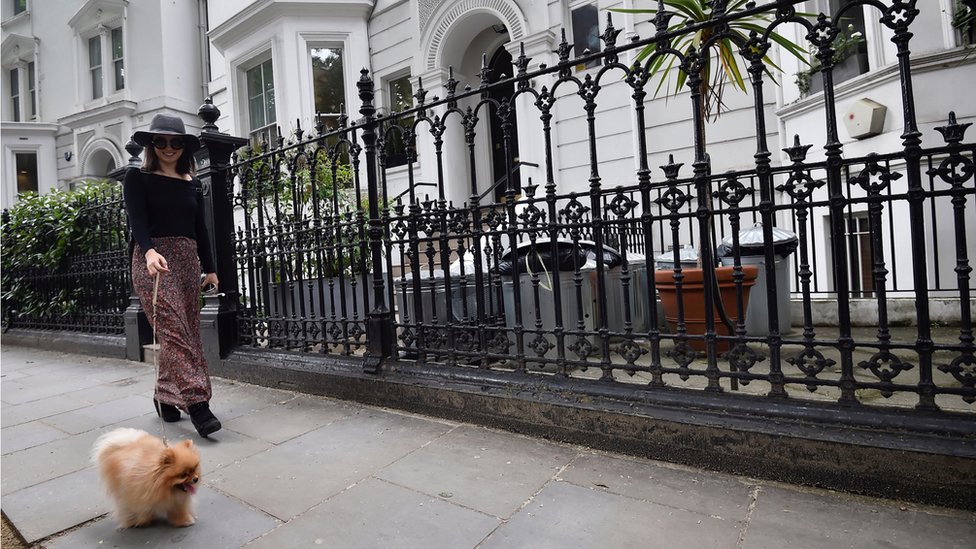 El ingreso de los residentes de Kensington es uno de los más altos de Reino Unido. Una mujer pasea su perro por una calle de Kensington.