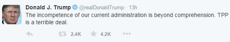 Дональд Трамп написал в Твиттере: «Некомпетентность нашей нынешней администрации выше всякого понимания. TPP - ужасная сделка».