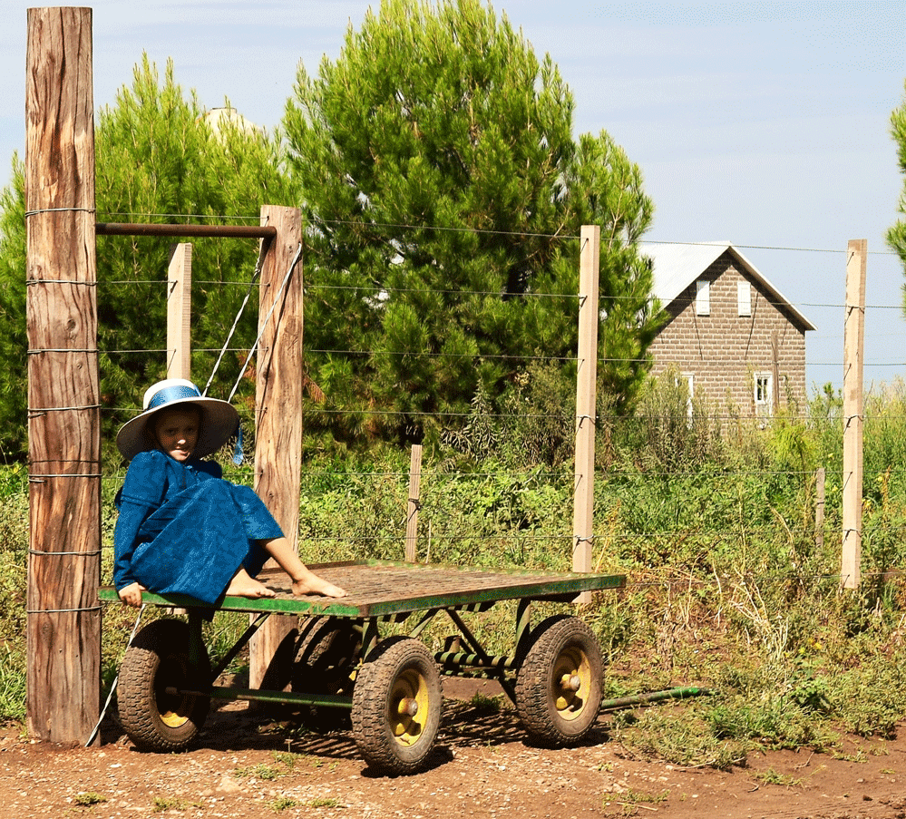 Niña con ropa antigua sobre carreta