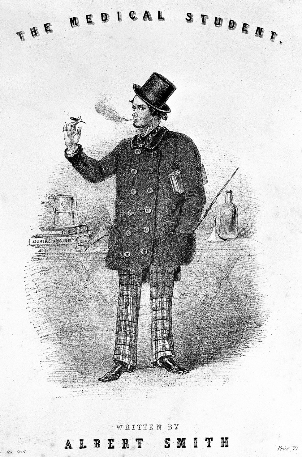 A medical student portrayed in the 19th century: smoking with a tankard and an anatomy book on the table