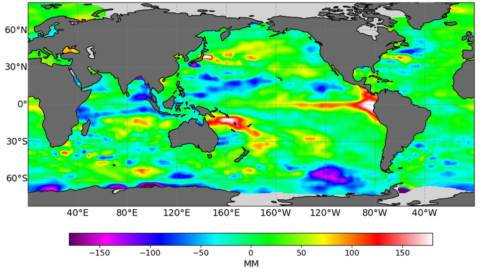 Un mapamundi mostrando el estado de las ondas kelvin el 8 de mayo.