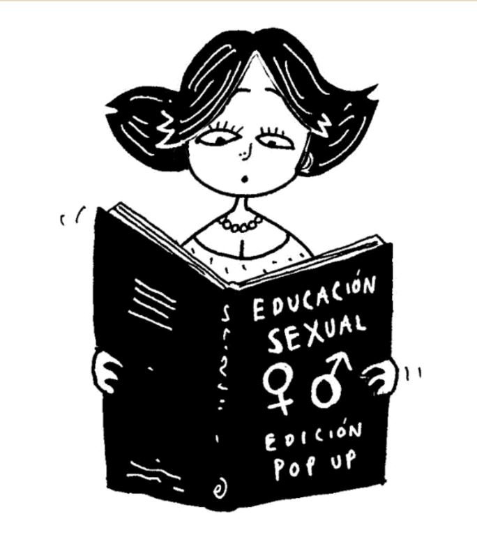 Ilustración cómica de una mujer leyendo un libro de educación sexual