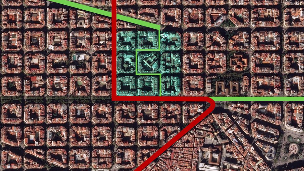 An aerial map of the superblock showing how traffic is blocked from passing through