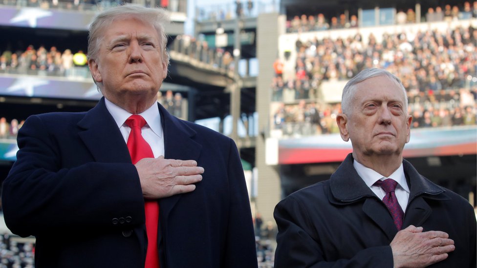 Изображение показывает президента США Дональда Трампа и бывшего министра обороны Джеймса Мэттиса