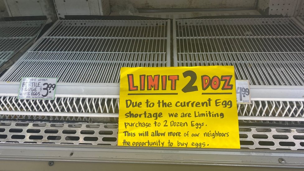 Prateleira de ovos vazia em supermercado em Los Angeles, com aviso aos clientes de limite de compra de duas caixas por pessoa