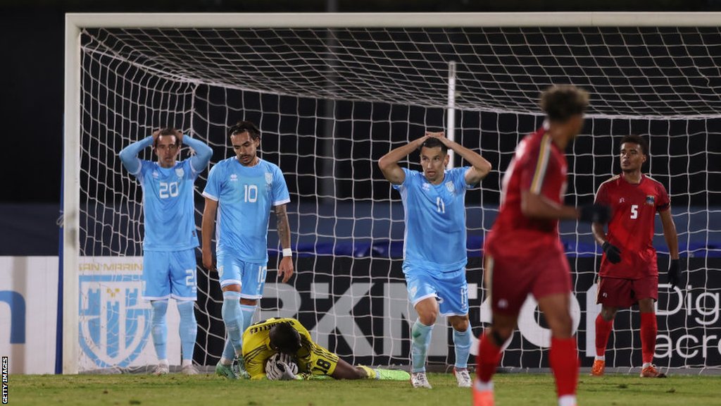 San Marino players react after after Alvin Michel of Seychelles makes a save