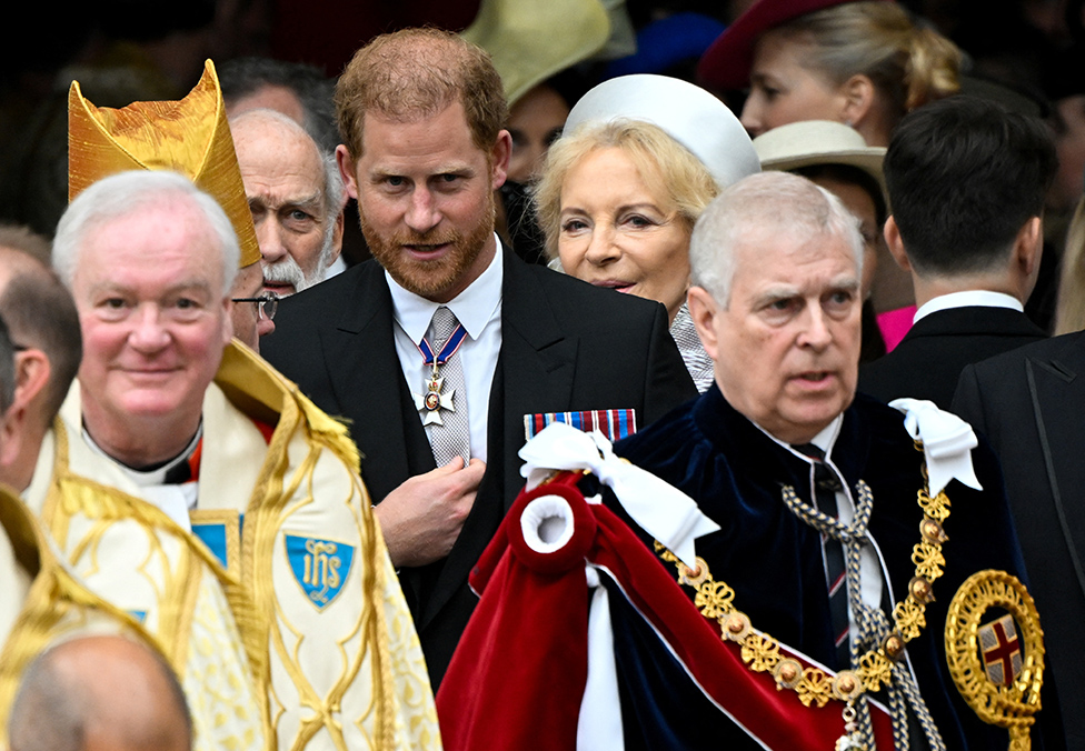 Prince Harry, Duke of Sussex, and Prince Andrew leave Westminster Abbey