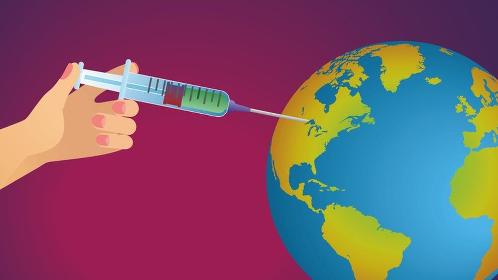 Ilustración del globo terráqueo recibiendo una vacuna.