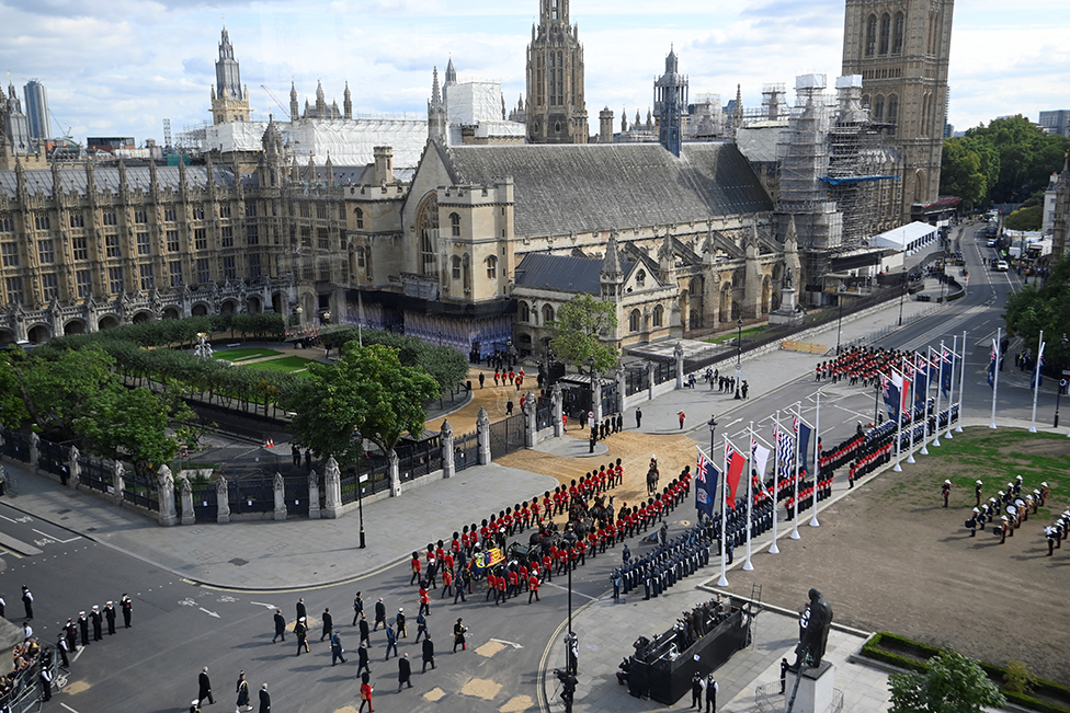 The procession of the coffin of Britain's Queen Elizabeth moves from Buckingham Palace to the Houses of Parliament for her lying in state, in London, Britain, on 14 September 2022