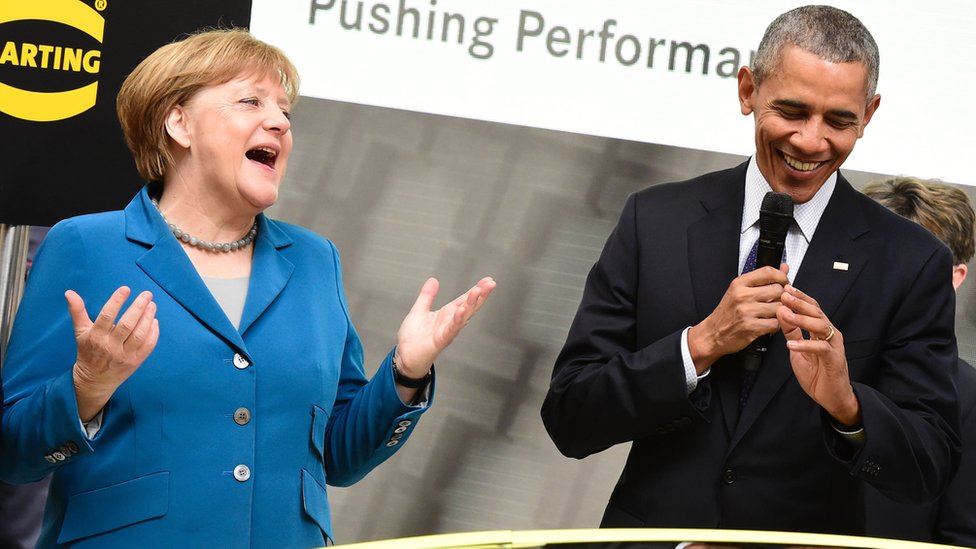 Канцлер Ангела Меркель с президентом Бараком Обамой в Ганновере в апреле 2016 года