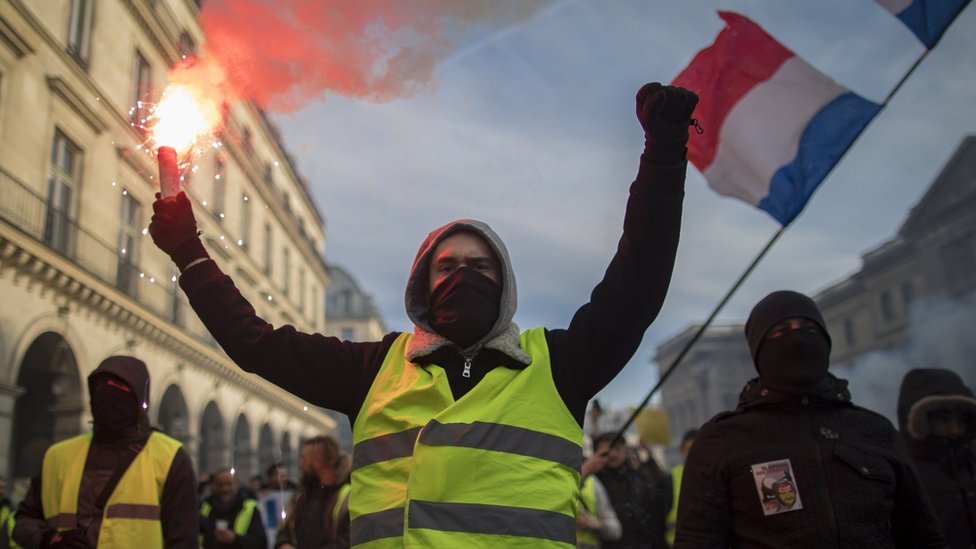 Protesters march during a nationwide strike in Paris, France, 5 February 2019