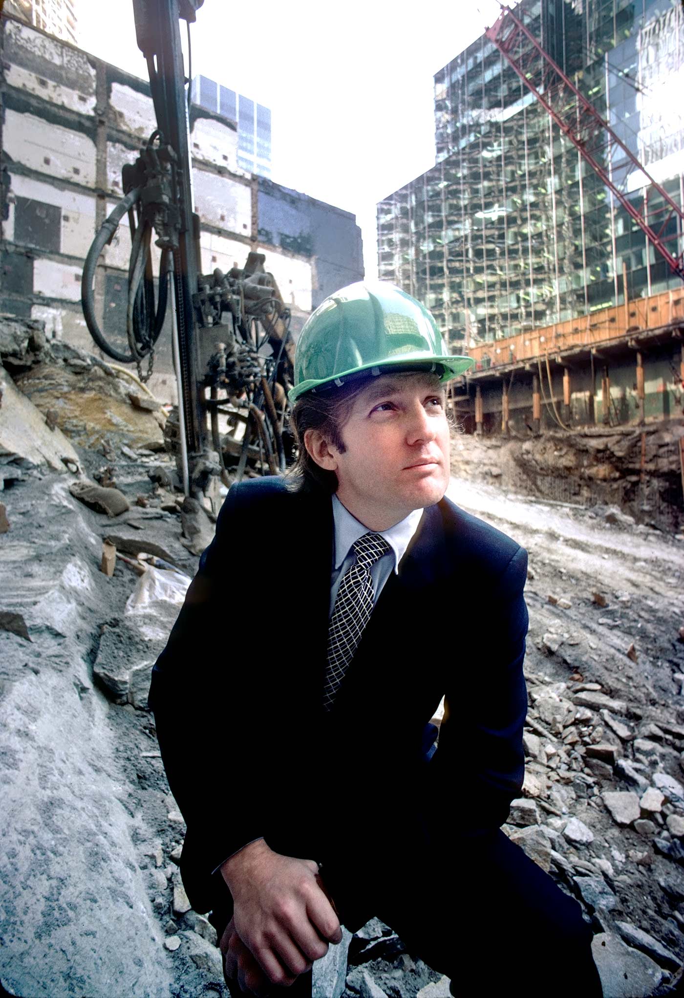 Donald Trump wearing a hardhat the Trump Tower construction site in New York in 1980