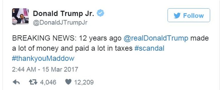 Дональд Трамп-младший благодарит г-жу Мэддоу за утечку налоговой декларации своего отца
