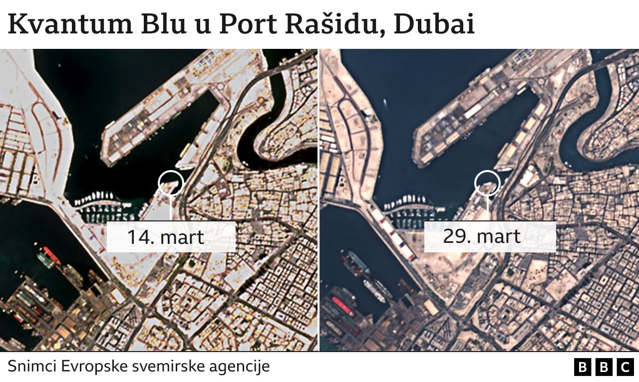 Dva satelitska snimka koji pokazuju Kvantum Blu u luci Port Rašid