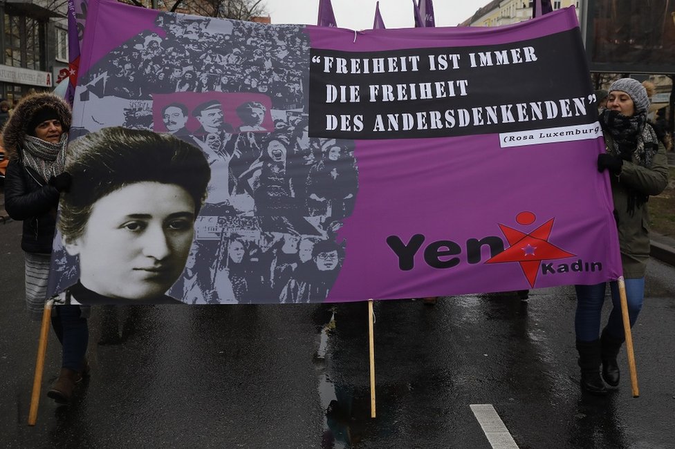 Berlin's radical leftist activists march to Friedrichsfelde cemetery to commemorate the 100th anniversary of the murder of Rosa Luxemburg and Karl Liebknecht on January 13, 2019 in Berlin, Germany.