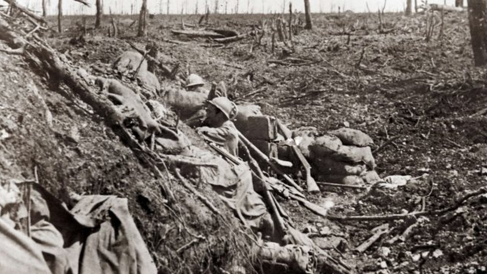 An undated archive picture shows a French soldier standing in the "Ravin de la Mort" (Ravine of the Dead) near the Fort de Vaux, near Verdun