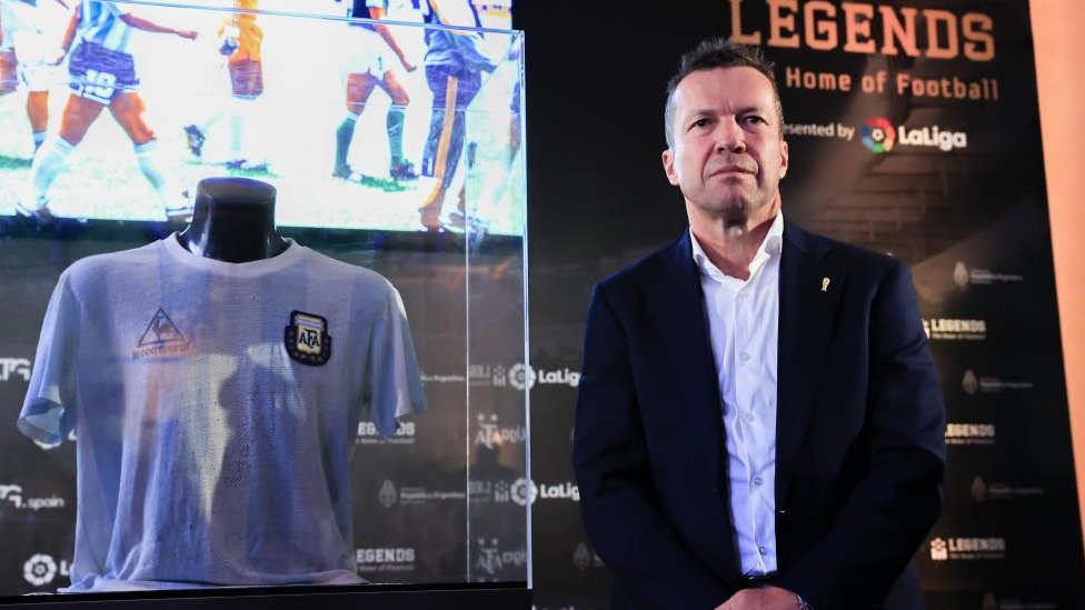 German soccer legend Lothar Matthaus donates the T-shirt that Maradona gave to him in the final of Mexico World Cup 1986 to the Legends Museum during an event held in Madrid, Spain on 25 August 2022.
