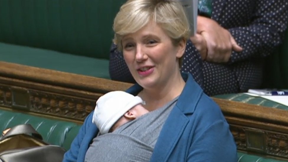 Stella Creasy with her son in the Commons in September