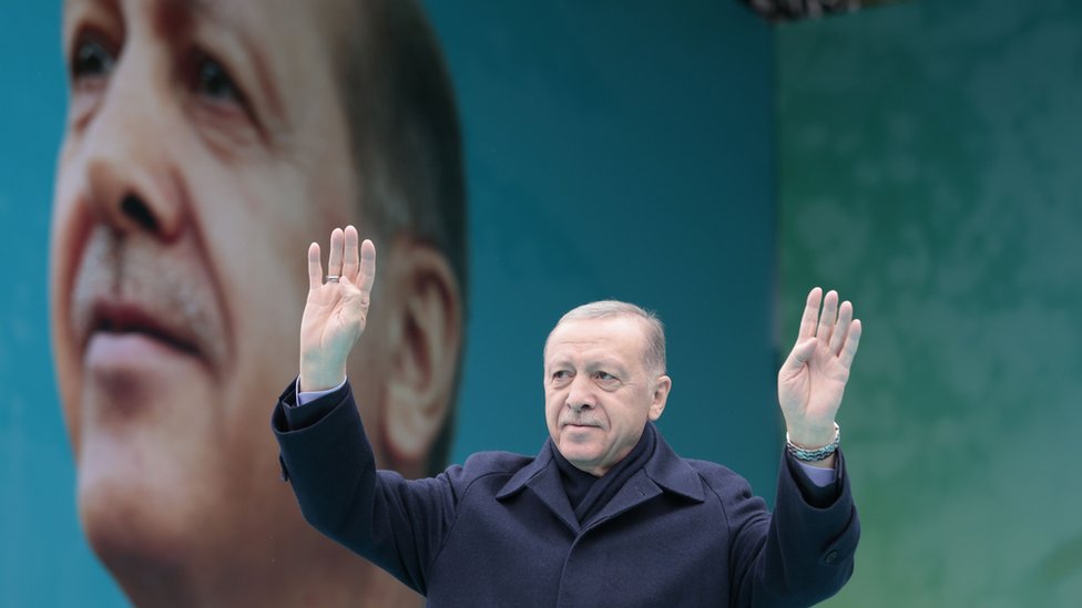 Turkish President Recep Tayyip Erdogan gestures as he attends an AK Party election campaign rally in Ankara, Turkey, 23 March 2024. The local elections in Turkey are scheduled for 31 March 2024. Turkish President Erdogan attends election rally in Ankara, Turkey - 23 Mar 2024