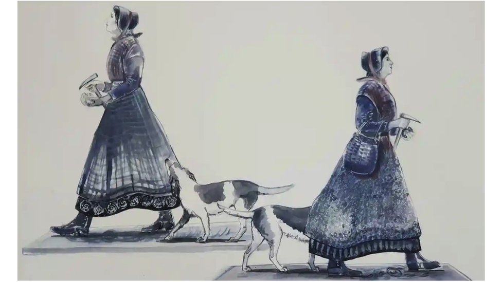 Artist's drawing of her project for the Mary Anning statue, which also includes her dog Tray