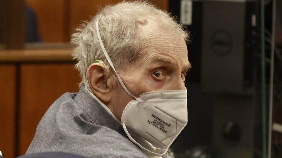 Robert Durst looks at jurors as he attends the closing arguments in his murder trial