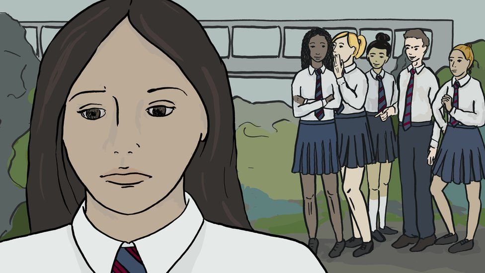 Ilustración mostrando a una niña a la que otras hacen burla en el colegio.