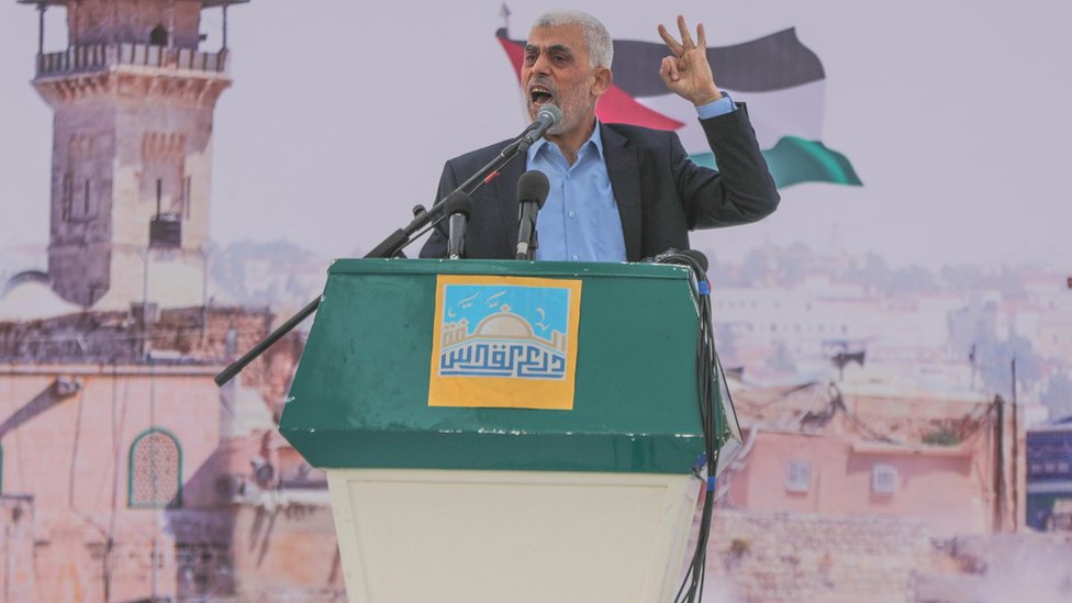 Yahya Sinwar, chief of the Palestinian Islamist Hamas movement in Gaza, delivers a speech during a rally marking "Jerusalem Day," or Al-Quds Day.