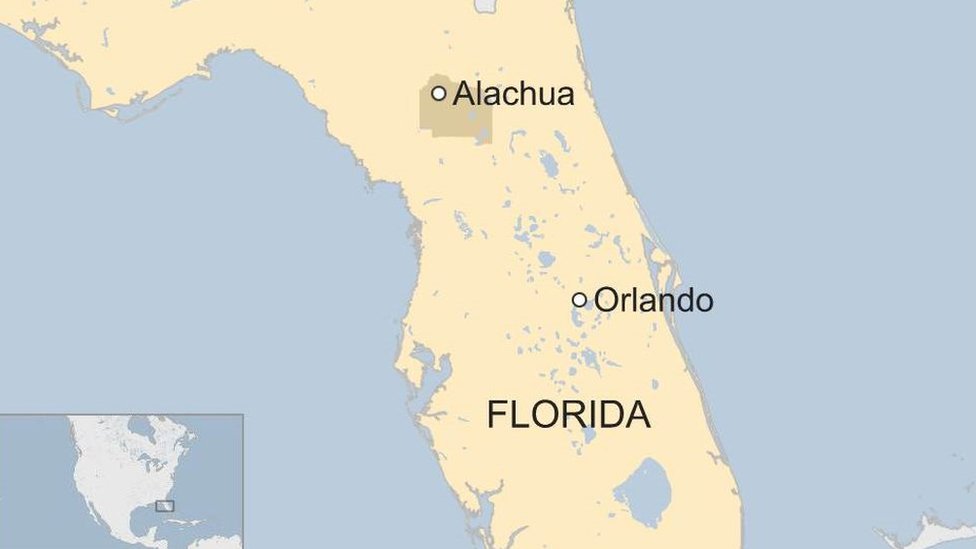 На карте изображены округ Алачуа и Орландо на карте Флориды