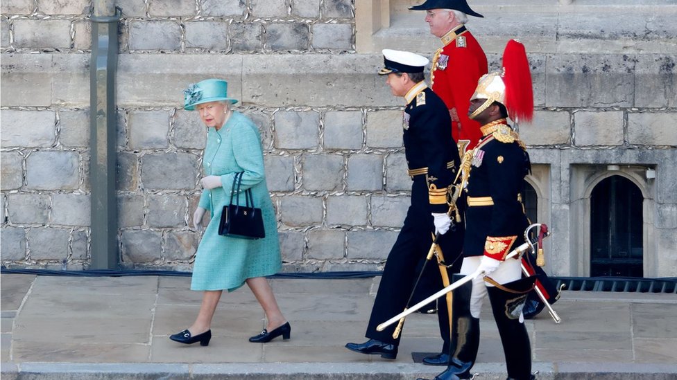 Queen Elizabeth II, on her way to attend a military ceremony in the Quadrangle of Windsor Castle to mark her official birthday on 13 June 2020
