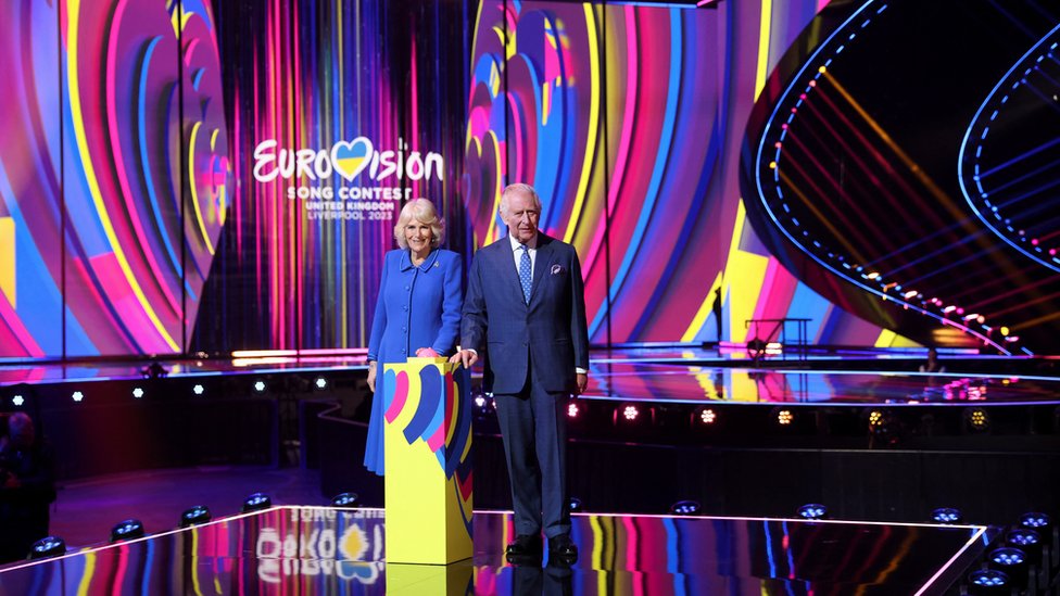 The King and Queen Consort stood on the Eurovision stage with a button