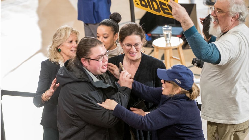 Jill Biden helps escort a heckler out in February 2020