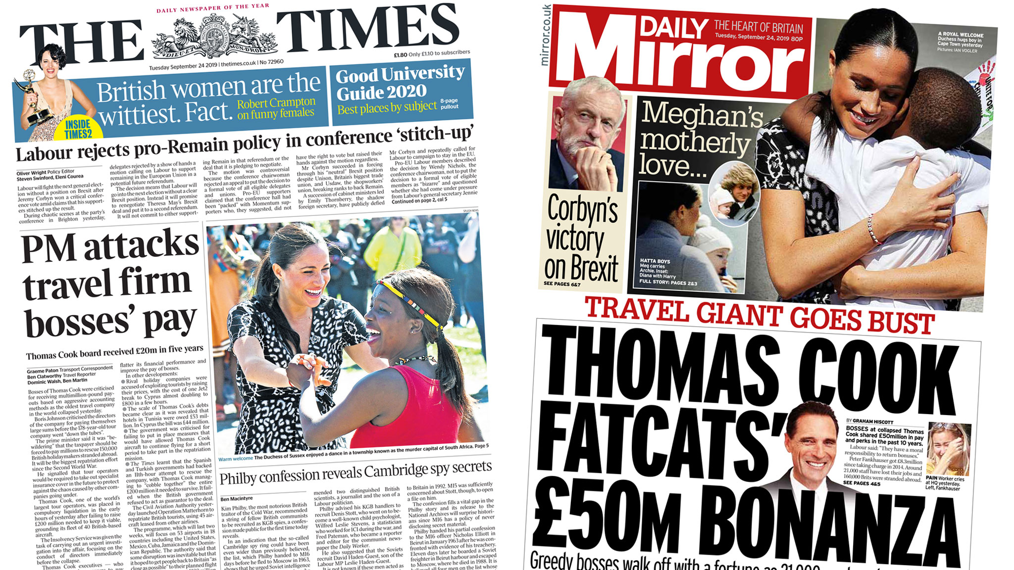 Newspaper headlines: Thomas Cook 'fat cats' and Meghan's - BBC