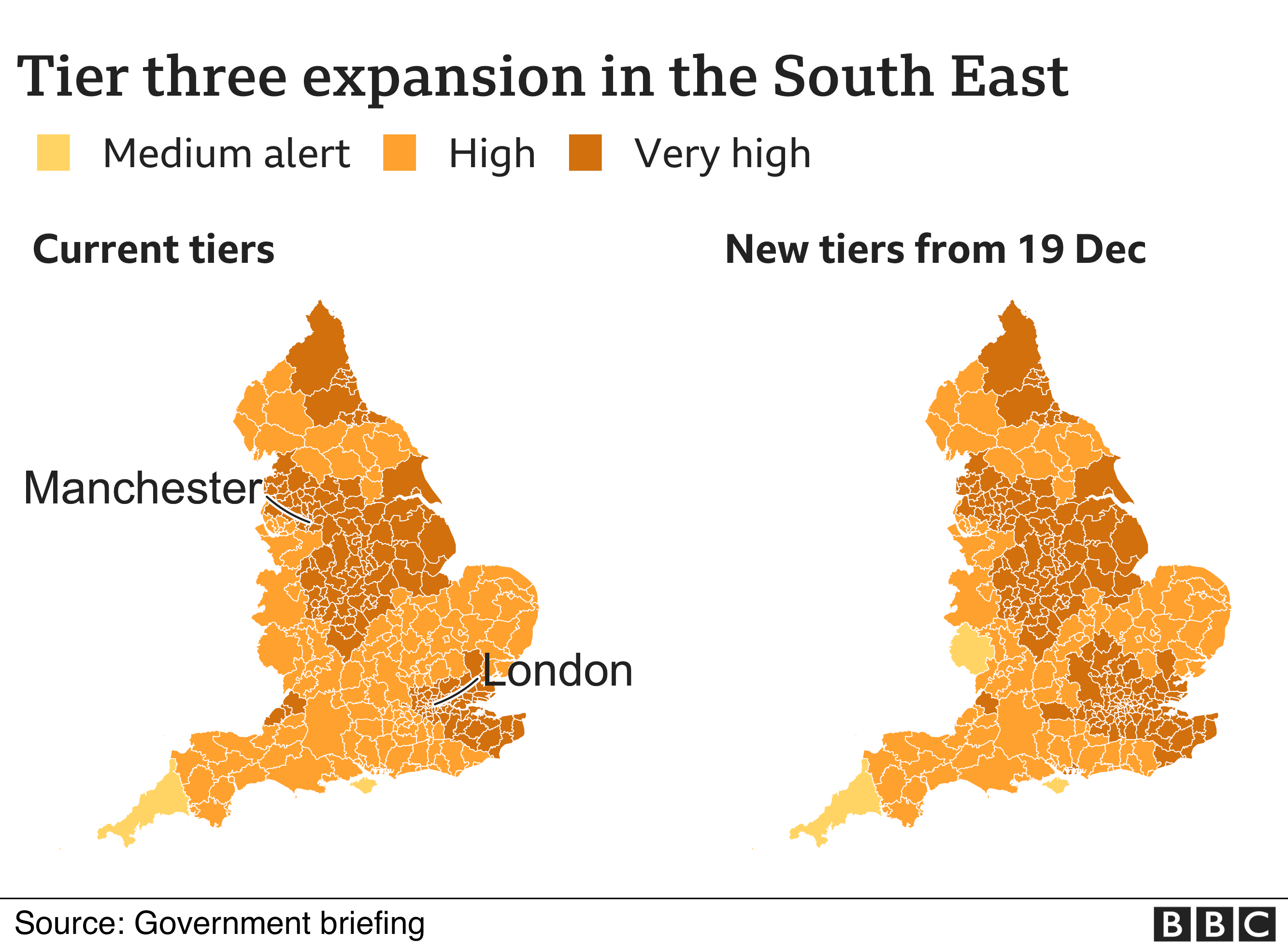 Map showing England's tiers and how they will change on 19 December