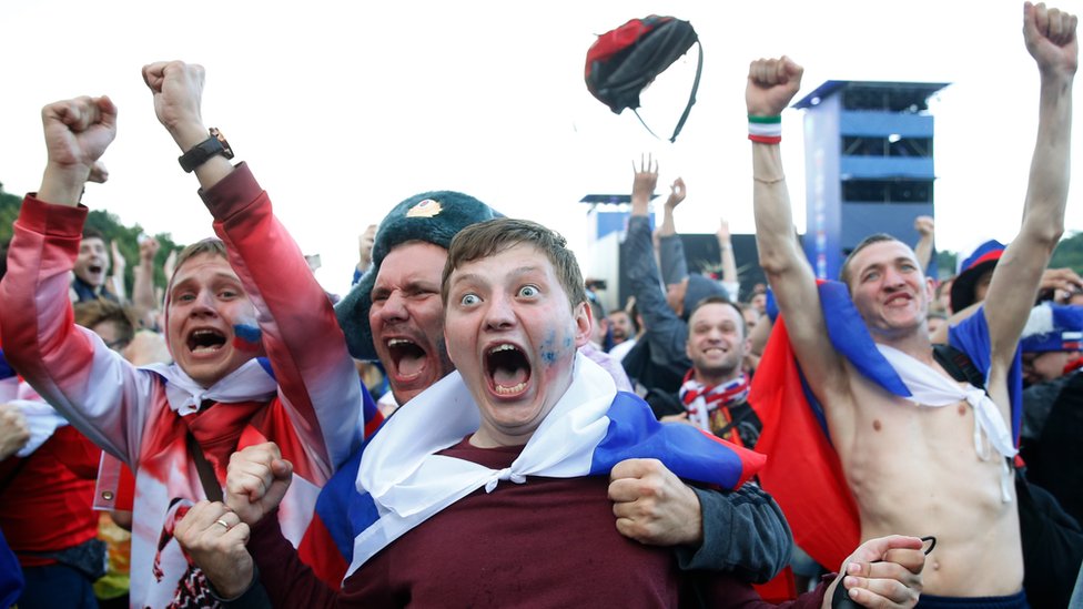 Russian fans celebrate in Moscow after Russia beat Spain to progress to the quarter-finals at the 2018 World Cup. Photo: 1 July 2022