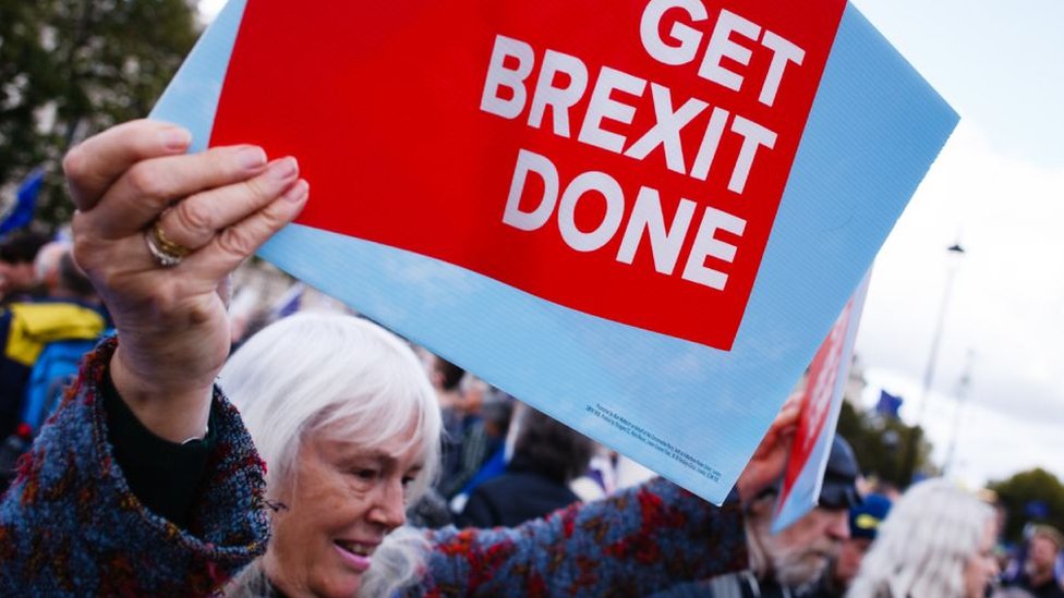 Mujer con una pancarta a favor de Brexit