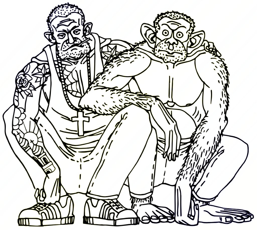 Hombre tatuado y mono
