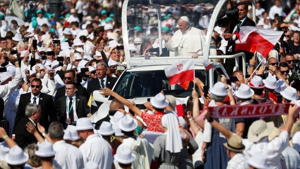 Pope Francis greets people in Heroes' Square in Budapest, ahead of Mass