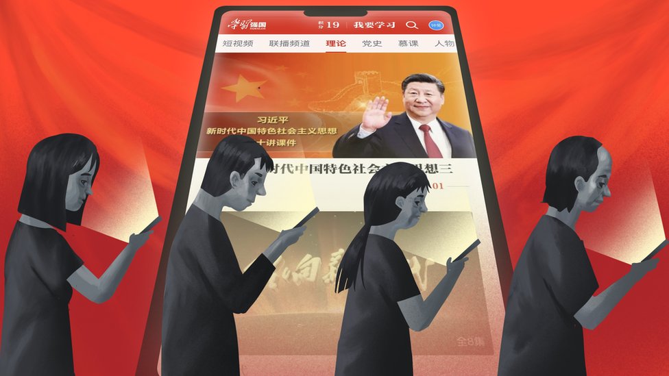 Ilustração de chineses olhando para seus celulares
