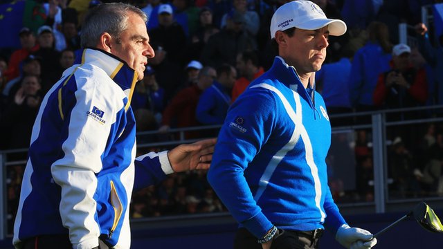 Paul McGinley in discussion with Rory McIlroy during last year's Ryder Cup
