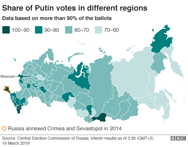 Карта, показывающая долю голосов Путина в разных регионах