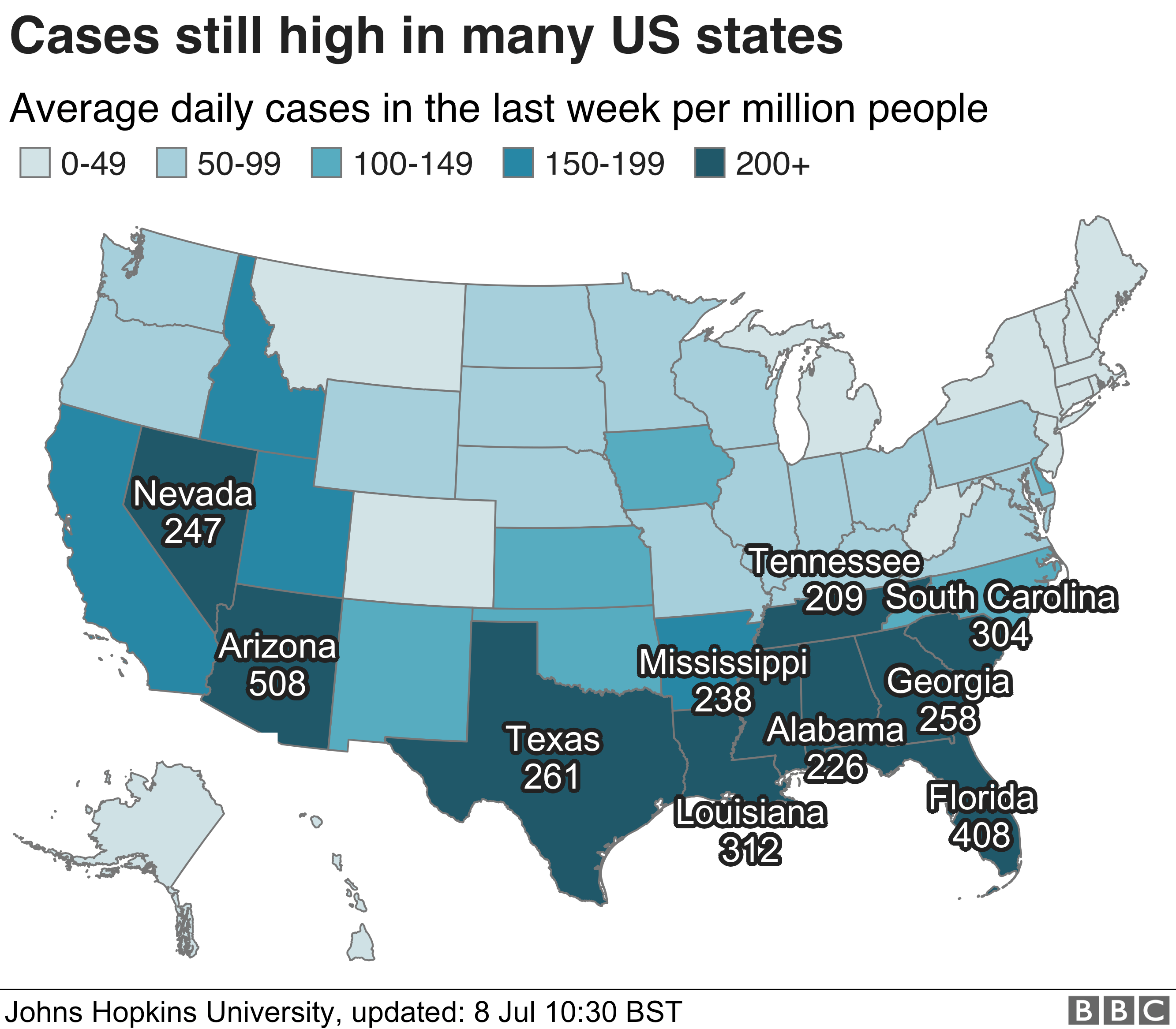 Карта, показывающая штаты США по количеству заболевших на миллион человек