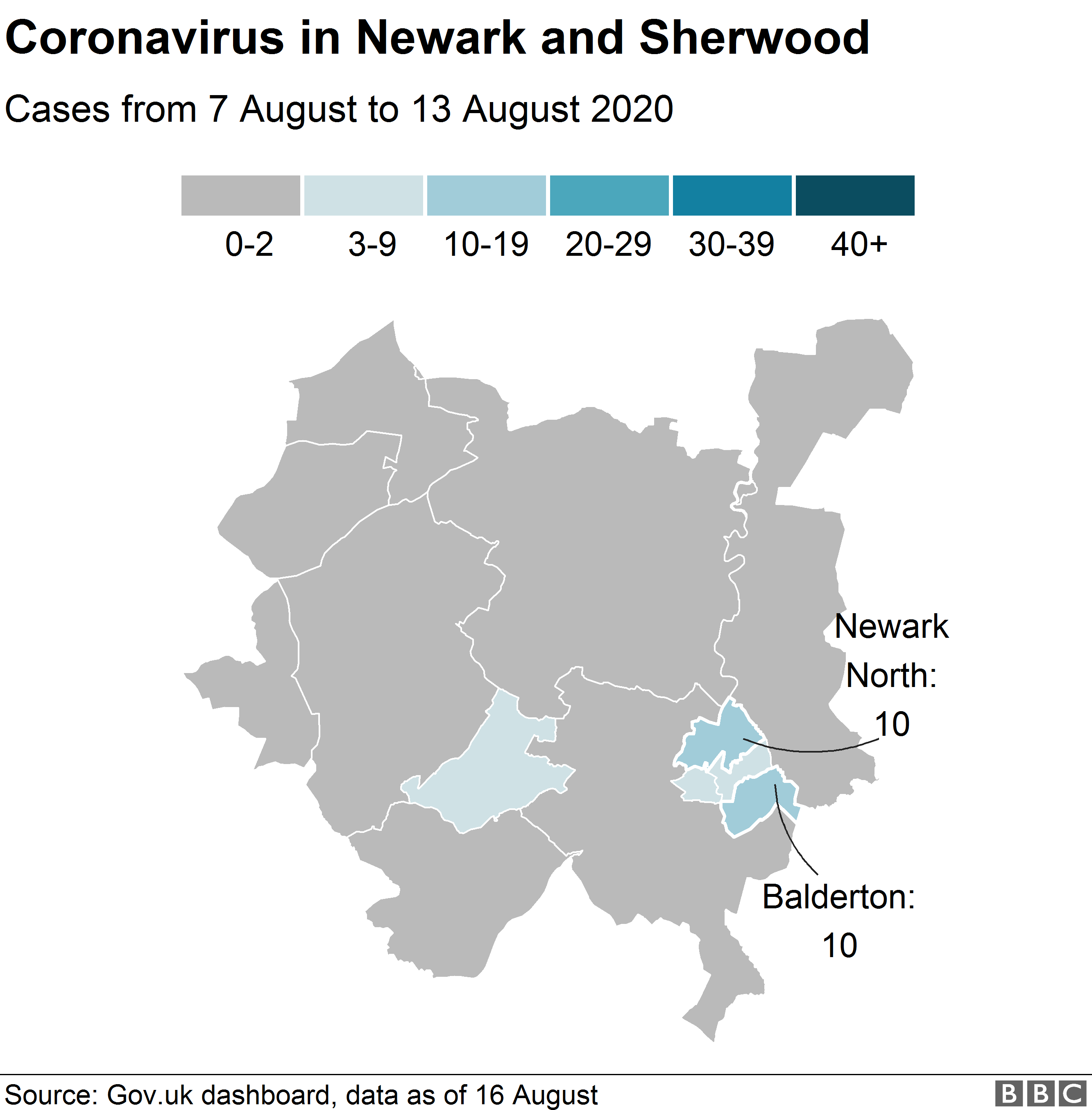 Карта, показывающая случаи коронавируса в Ньюарке и Шервуде