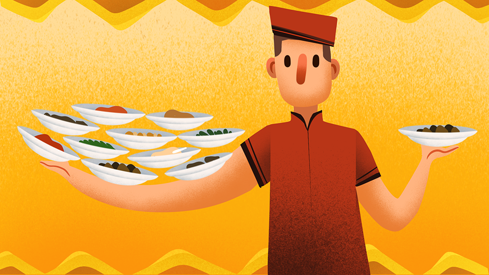 Ilustrasi pelayan di rumah makan Padang membawa tumpukan piring berisi lauk-pauk.