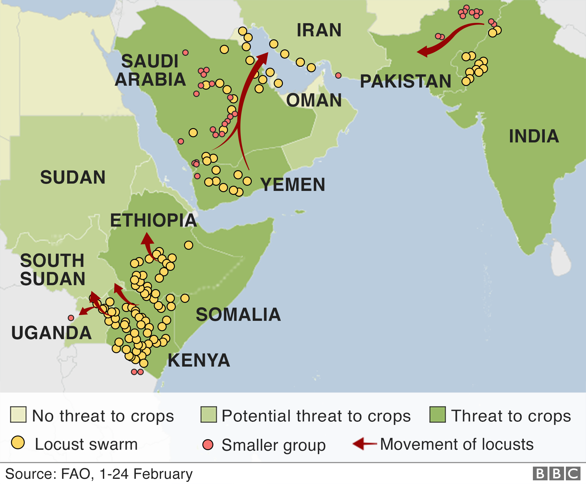 Карта, показывающая стаи саранчи в некоторых частях Африки и Азии