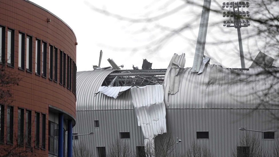 The damaged roof of ADO Den Haag's football stadium