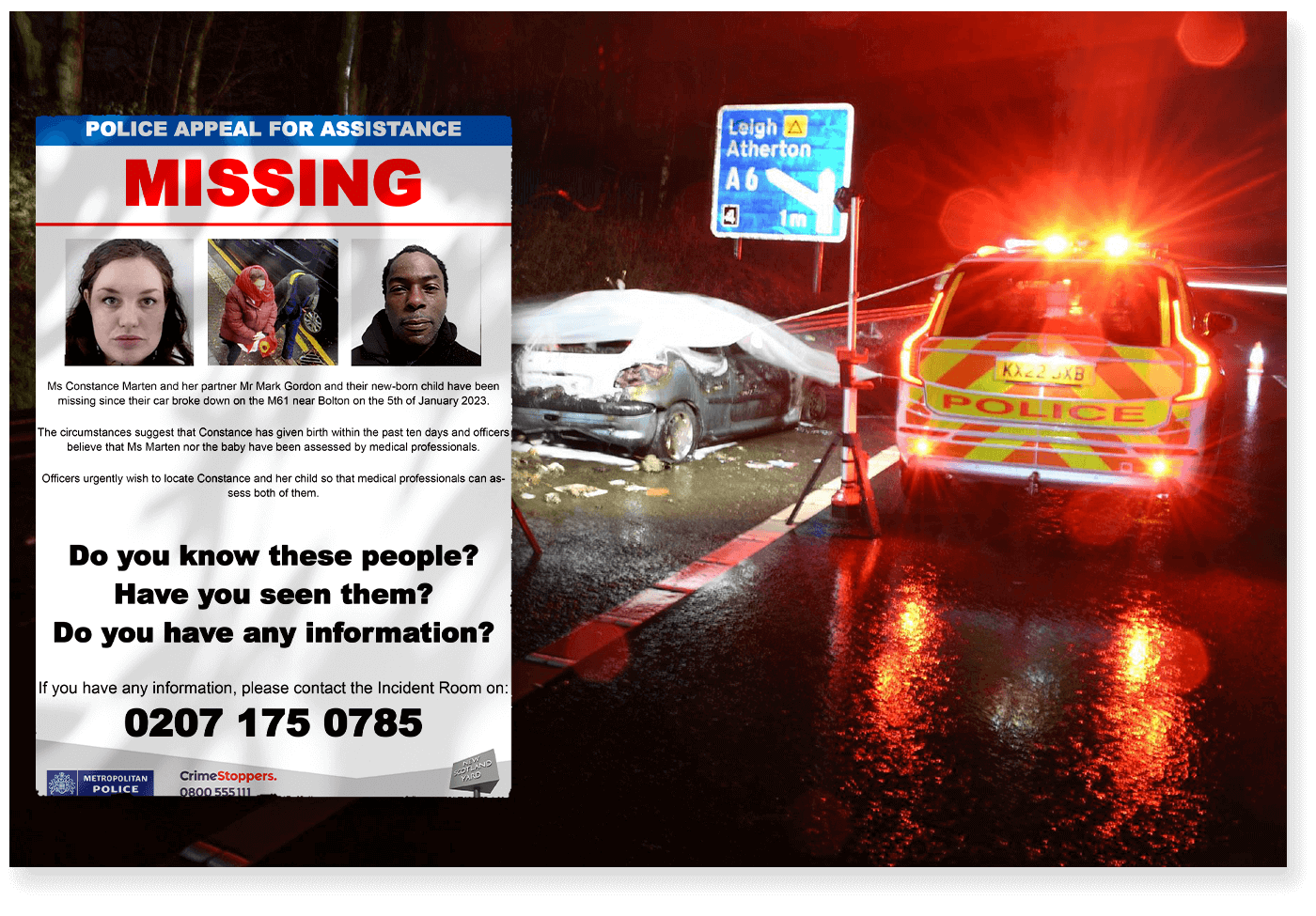 The burnt out Peugeot 206 on the side of the M61 which was used by Mark Gordon and Constance Marten - 29 January 2023