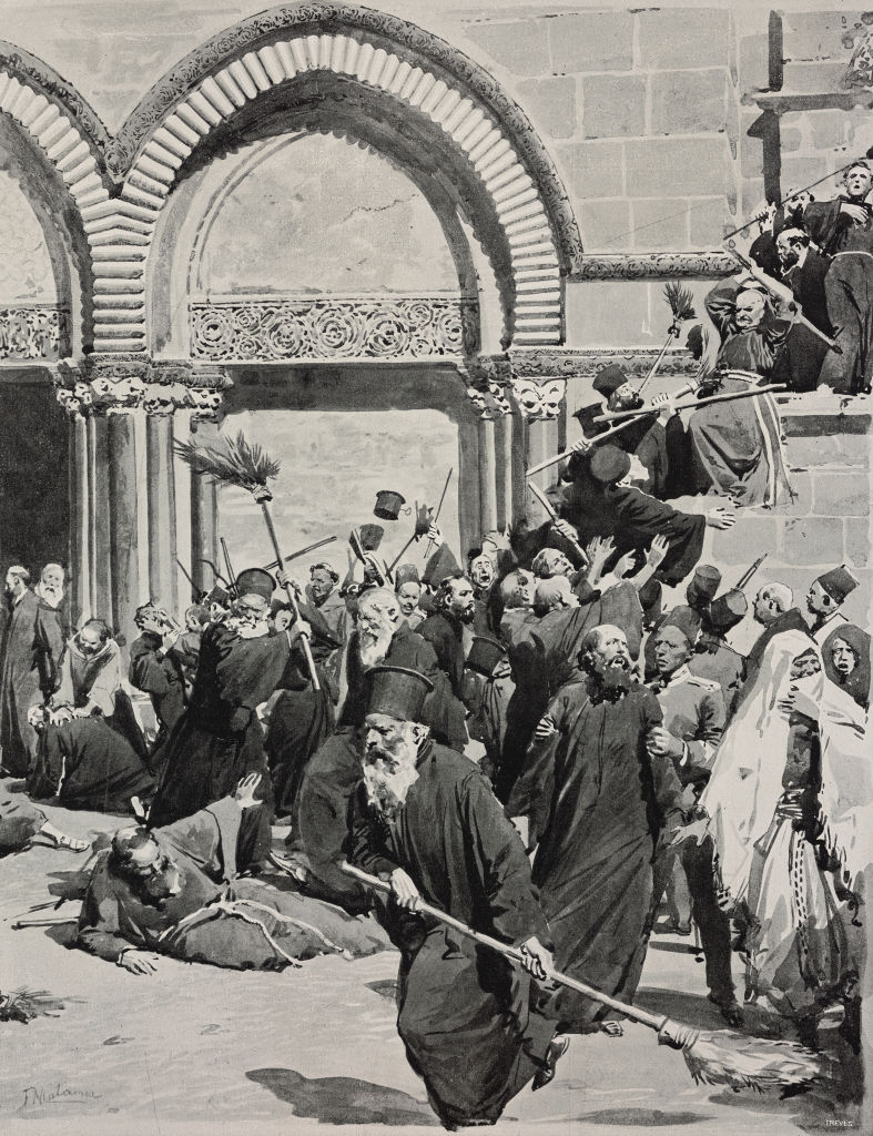 Un grabado de una batalla entre monjes griegos y católicos a principios del siglo XX.
