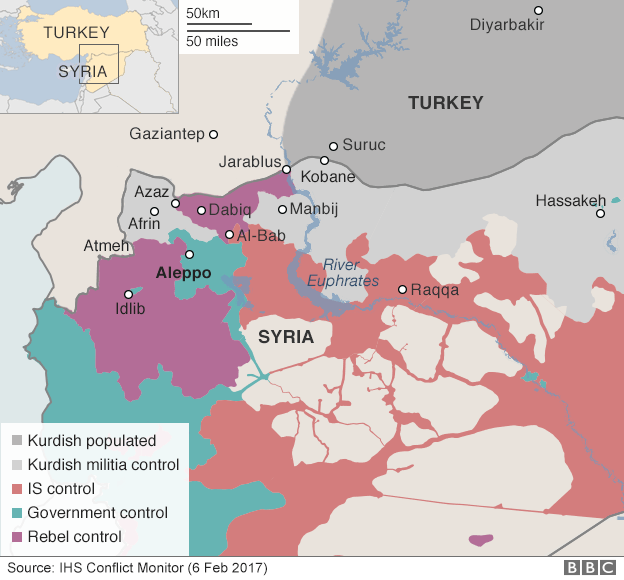 Карта, показывающая контроль над севером Сирии (6 февраля 2017 г.)